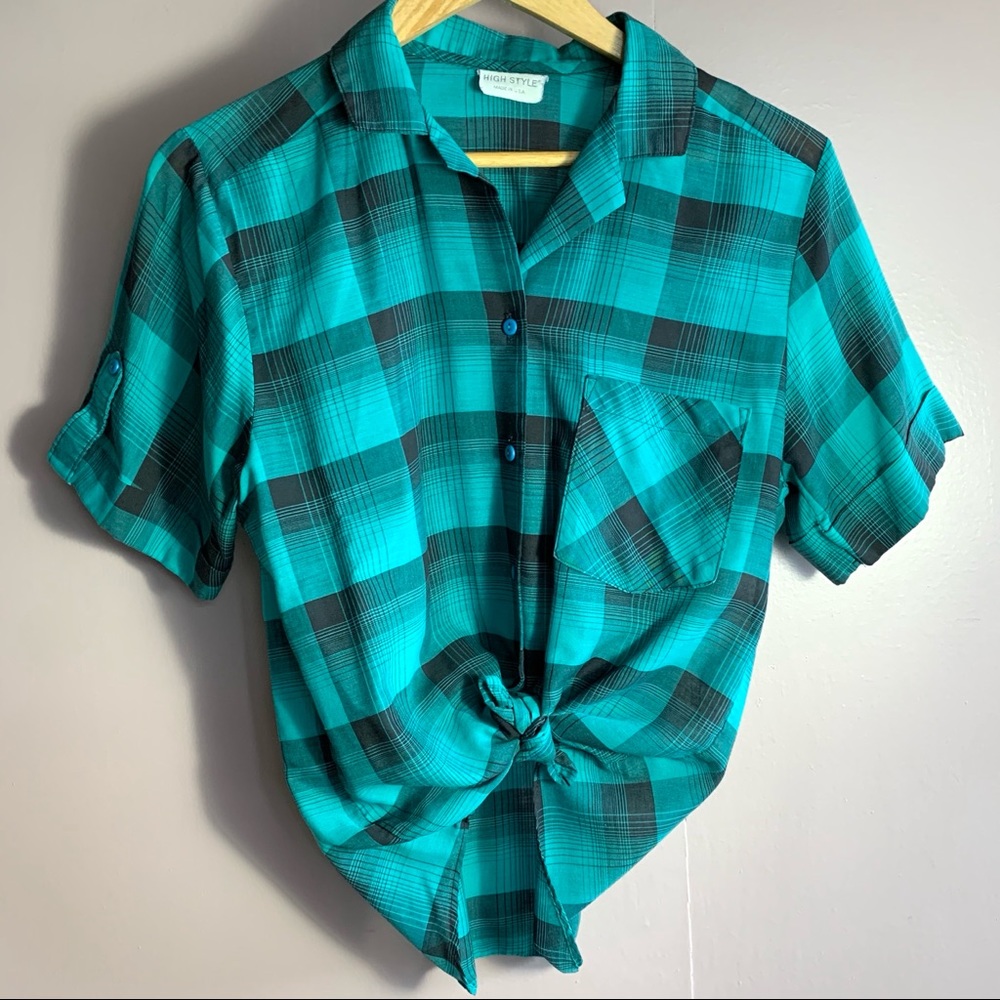 VINTAGE GREEN PLAID BUTTON UP  ROLL TAB SLEEVES